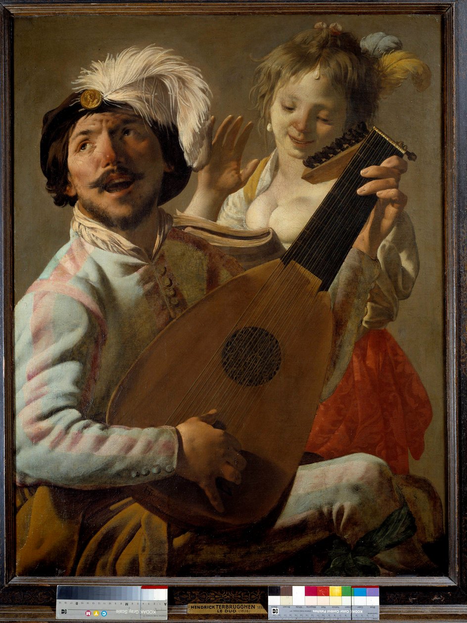 A duó Egy énekes lanton játszik egy táncossal. Hendrick ter Brugghen (vagy Terbrugghen) festménye alkotó: Hendrick ter Brugghen