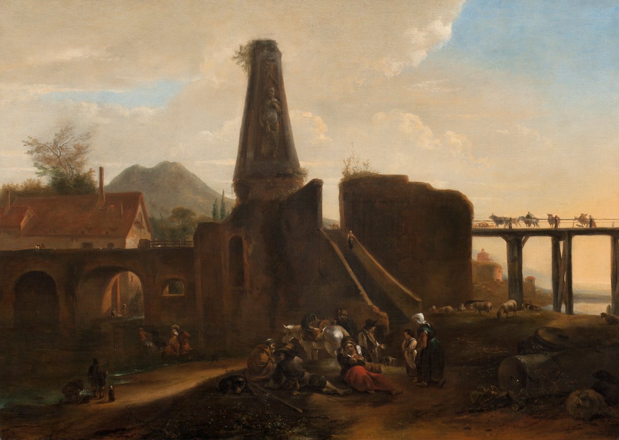 Utazók a nyugalomban a klasszikus romok mellett, 1663, olaj, vászon alkotó: Hendrick Verschuring