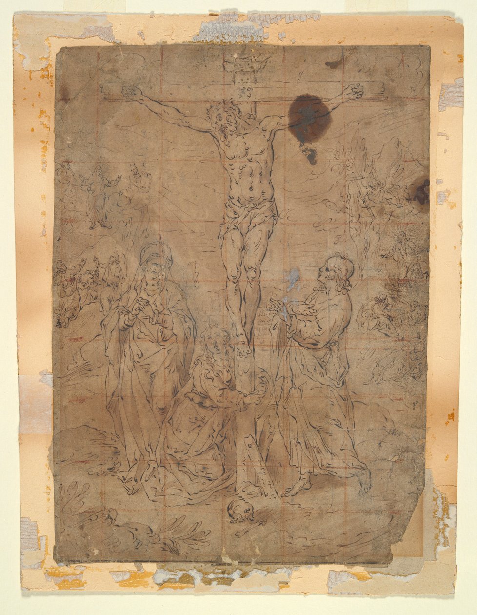 Krisztus a kereszten a Szűz és Szent János között a szenvedés jeleneteivel a háttérben alkotó: Hendrick de Clerck