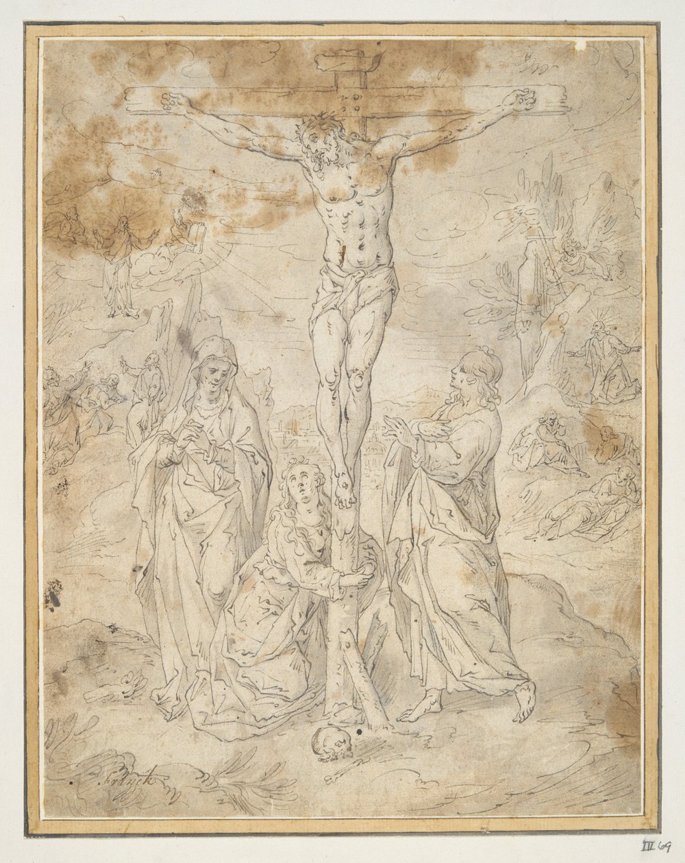 Krisztus a kereszten a Szűz és Szent János között a szenvedés jeleneteivel a háttérben alkotó: Hendrick de Clerck