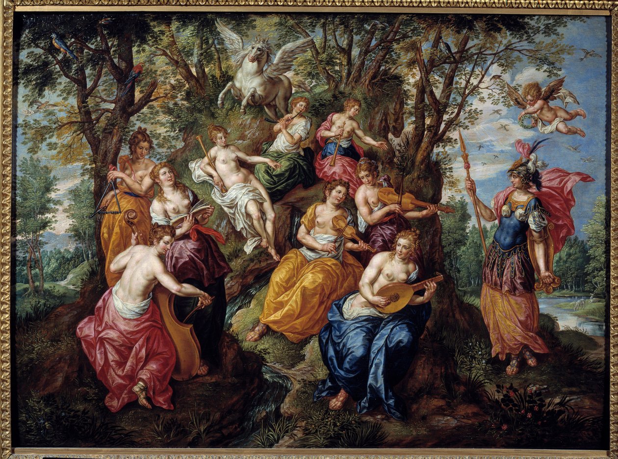 Minerva látogatása a múzsáknál Hendrick de Clerk (1570-1629) festménye (ec.flam.) 17. századi Chalons Sur Marne. Szépművészeti Múzeum alkotó: Hendrick de Clerk