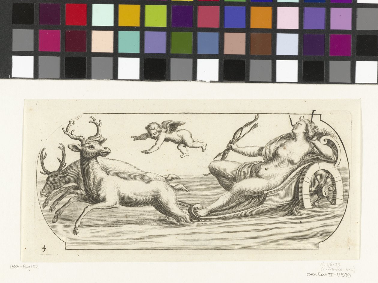 Diana egy szekéren Tengeri istenek és istennők Nouveau Livre des Dieux et Deeßes De la Marine Bouckje (sorozat címe) alkotó: Hendrick de Keyser (I)