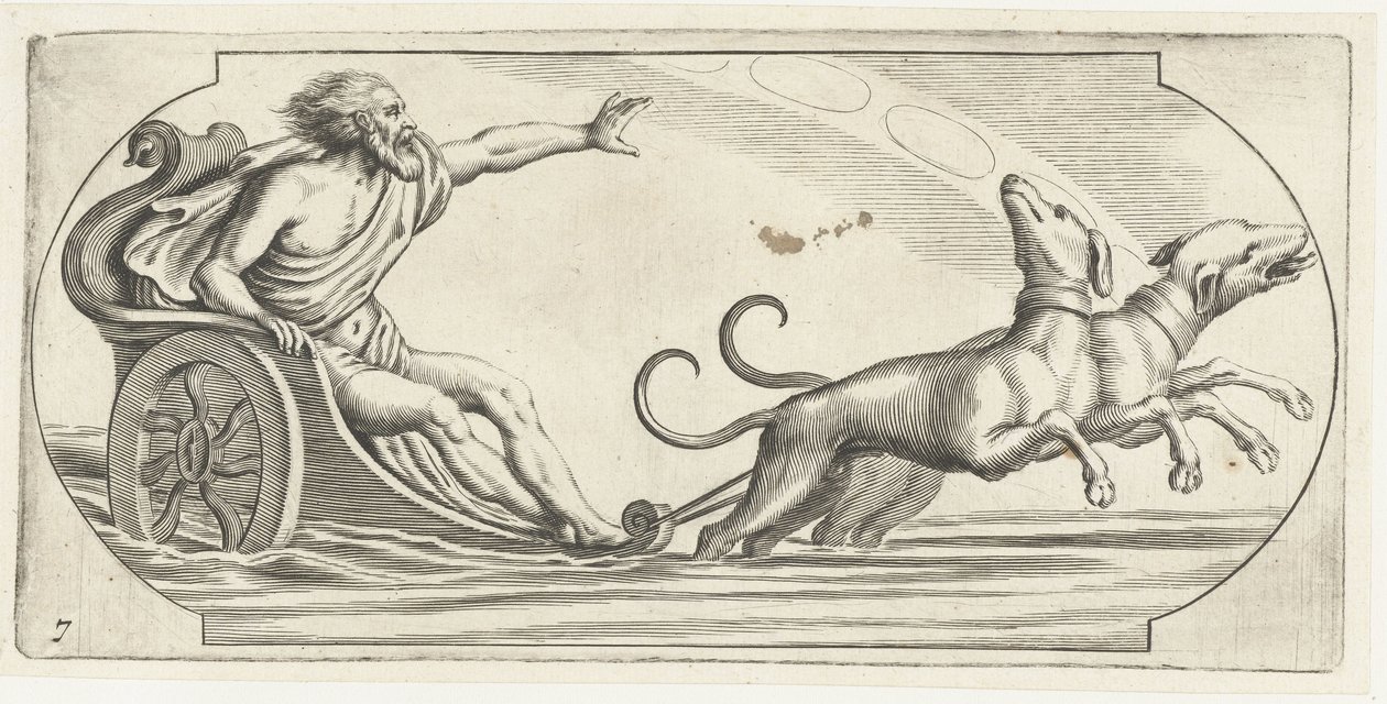 Egy tengeri isten egy szekéren Tengeri istenek és istennők Nouveau Livre des Dieux et Deeßes De la Marine Bouckje (sorozat címe) alkotó: Hendrick de Keyser (I)