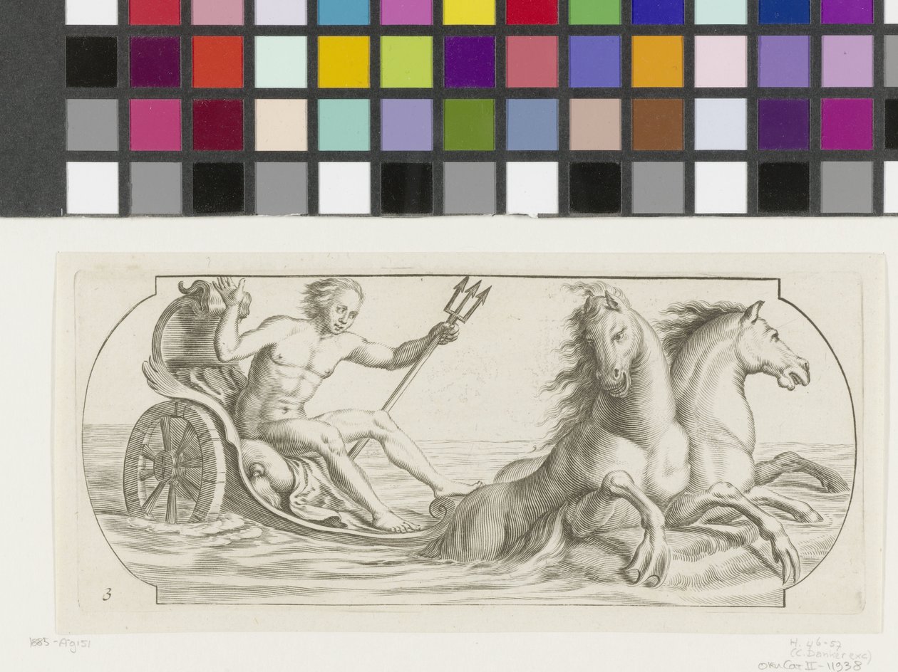 Neptunusz szekéren Tengeri istenek és istennők Nouveau Livre des Dieux et Deeßes De la Marine Bouckje (sorozat címe) alkotó: Hendrick de Keyser (I)