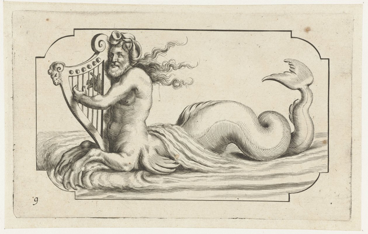 Triton hárfán játszik Tengeri istenek és istennők Nouveau Livre des Dieux et Deeßes De la Marine Bouckje (sorozat címe) alkotó: Hendrick de Keyser (I)