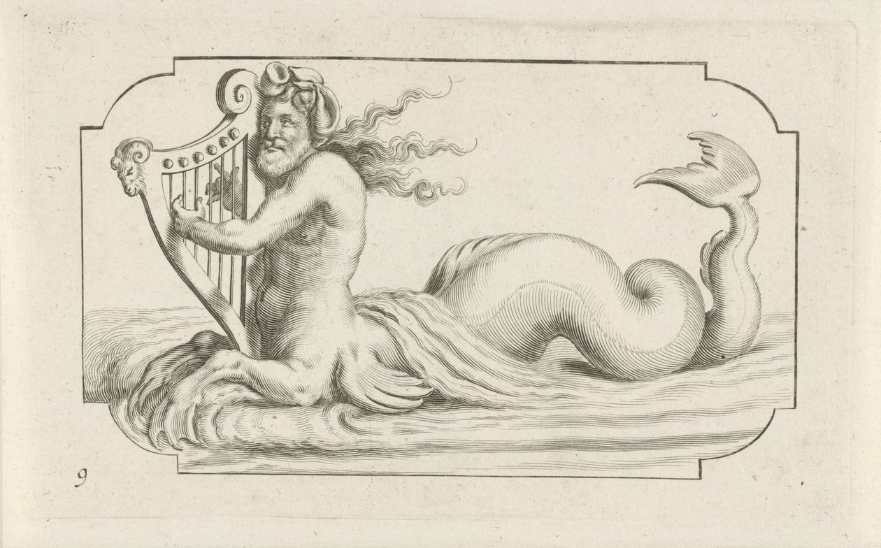 Triton hárfán játszik Tengeri istenek és istennők Nouveau Livre des Dieux et Deeßes De la Marine Bouckje (sorozat címe) alkotó: Hendrick de Keyser (I)