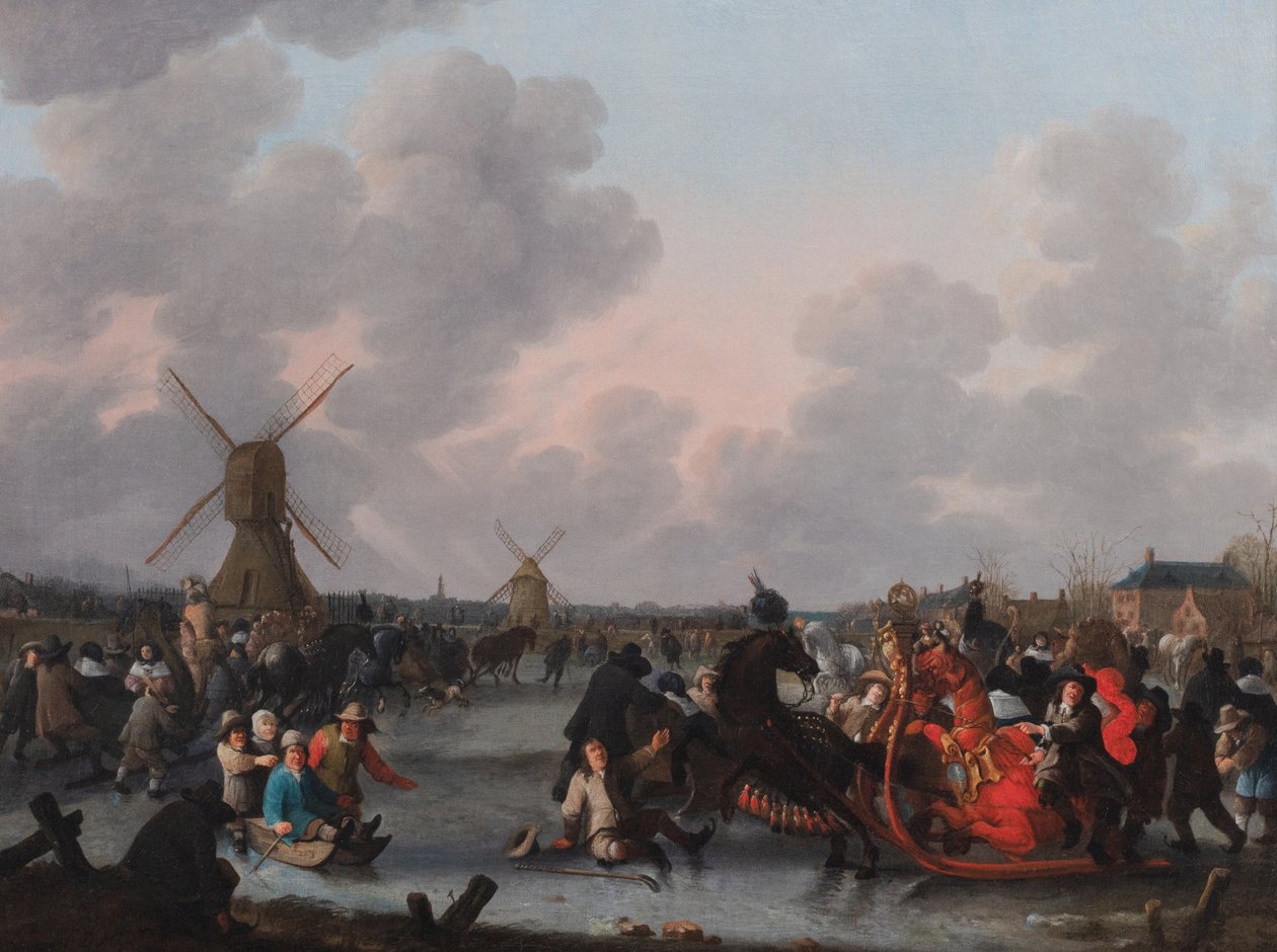 Téli táj számos ló vontatta szánnal a jégen alkotó: Hendrick de Meijer