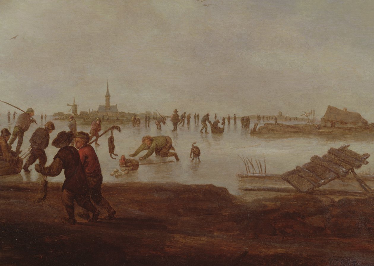 Korcsolyázó alakok a befagyott vízi úton, 17. század alkotó: Hendrick Avercamp
