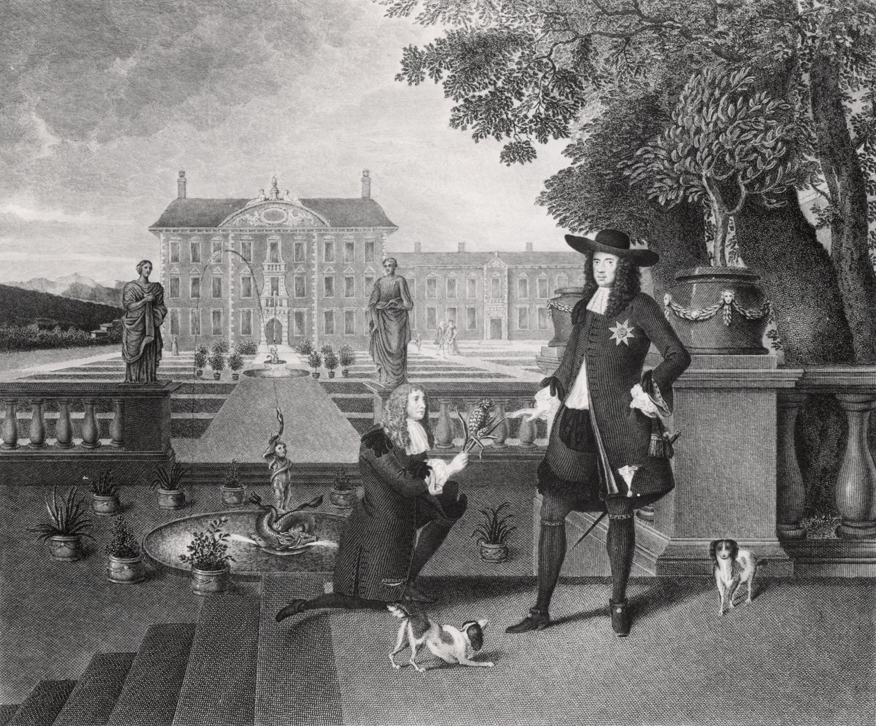 John Rose (kb. 1621-77), a király kertésze, bemutatja II. Károlynak (1630-85) az első Angliában termesztett ananászt a Dorney Courtban, 1670 körül alkotó: Hendrick Danckerts