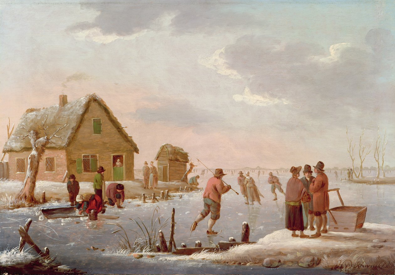 Műkorcsolya téli tájban (panel) alkotó: Hendrik Willem Schweickardt