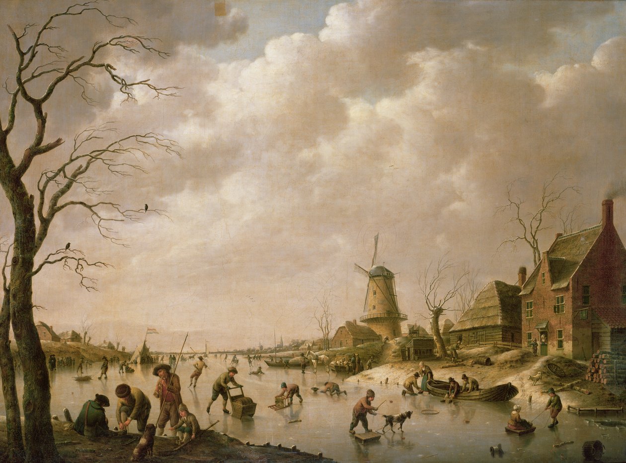 Korcsolyázók a befagyott csatornán, 1779 alkotó: Hendrik Willem Schweickardt