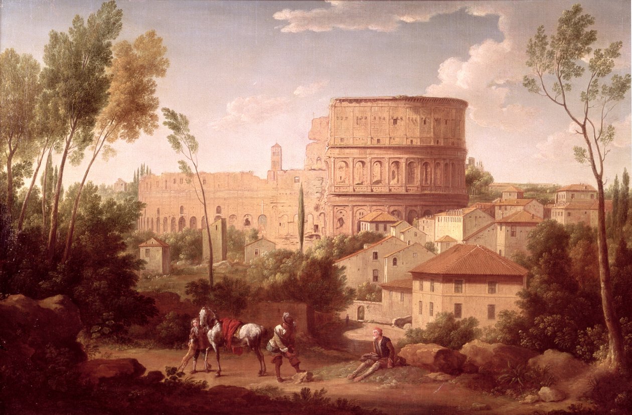 A Colosseum látképe egy utazóval, 1731 alkotó: Hendrik van Lint