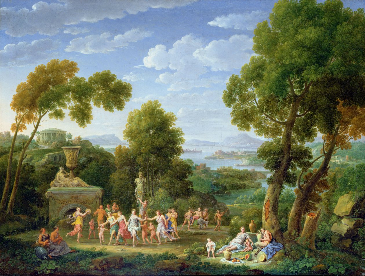 Fás olaszos tájkép táncoló nimfákkal, 1728 alkotó: Hendrik van Lint