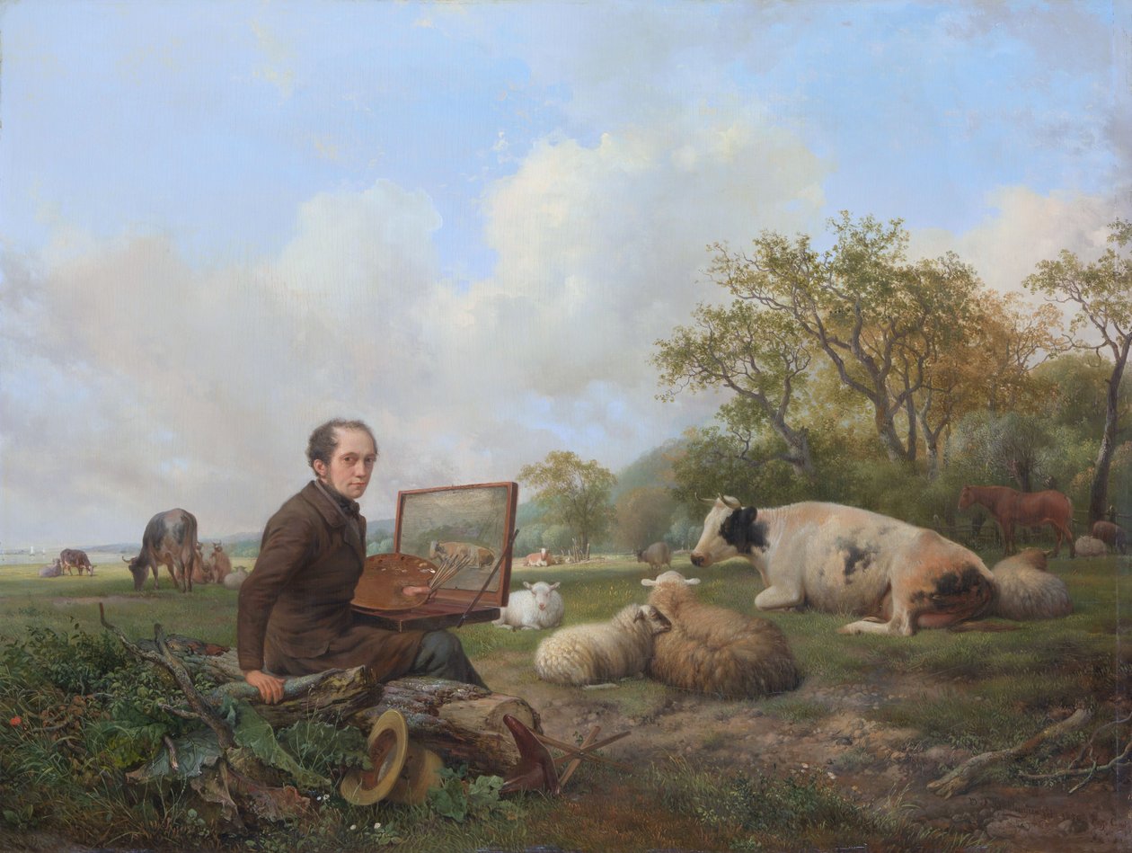 Maga a festő, réti tájon fest, marhákkal alkotó: Hendrick van de Sande Bakhuyzen