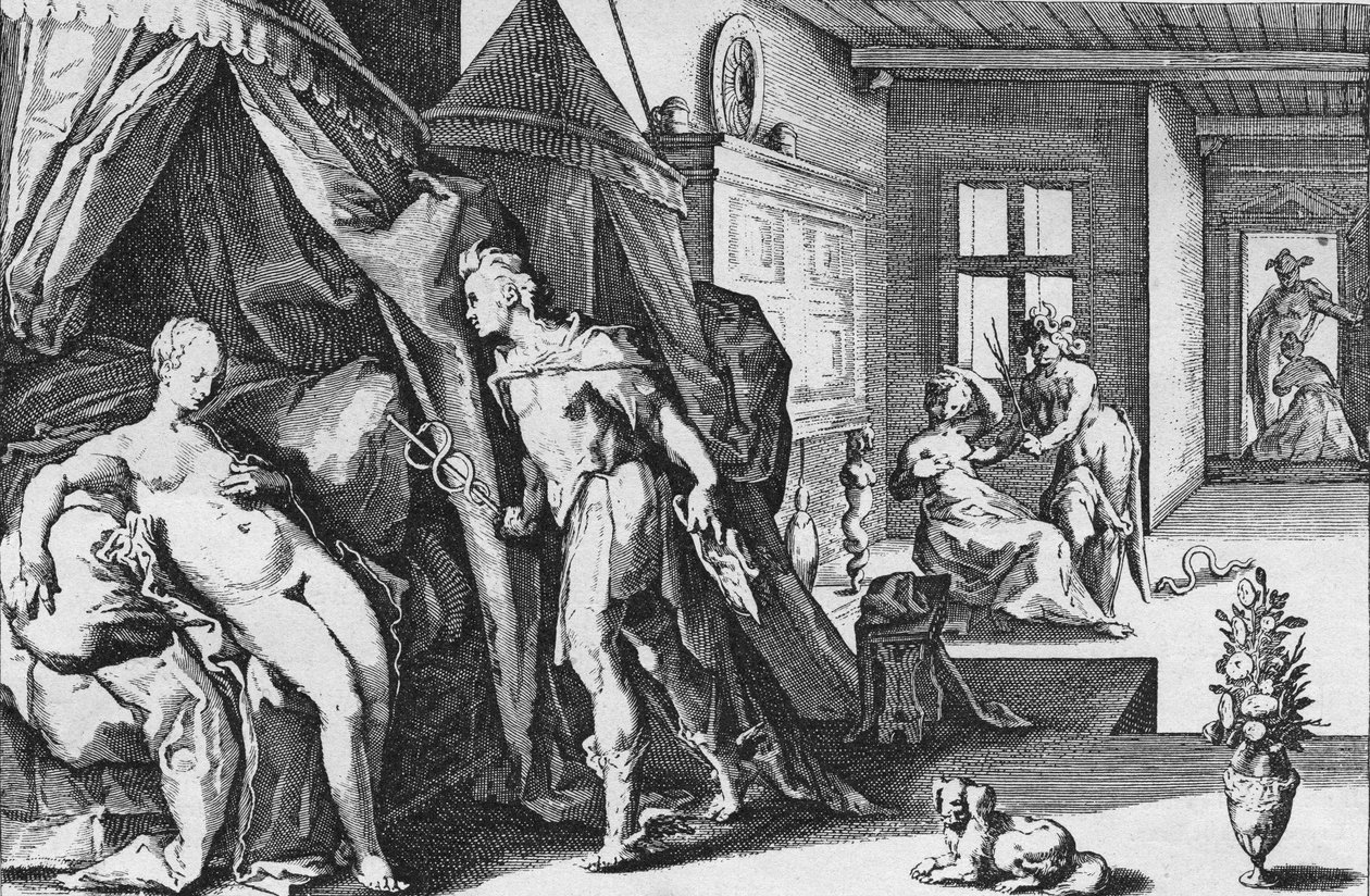 A Merkúr belép Herse szobájába, miután Agraulost kővé változtatta, Ovidiusból, Metamorphoses, II. könyv – Anonymous, holland alkotó: Hendrik (after) Goltzius