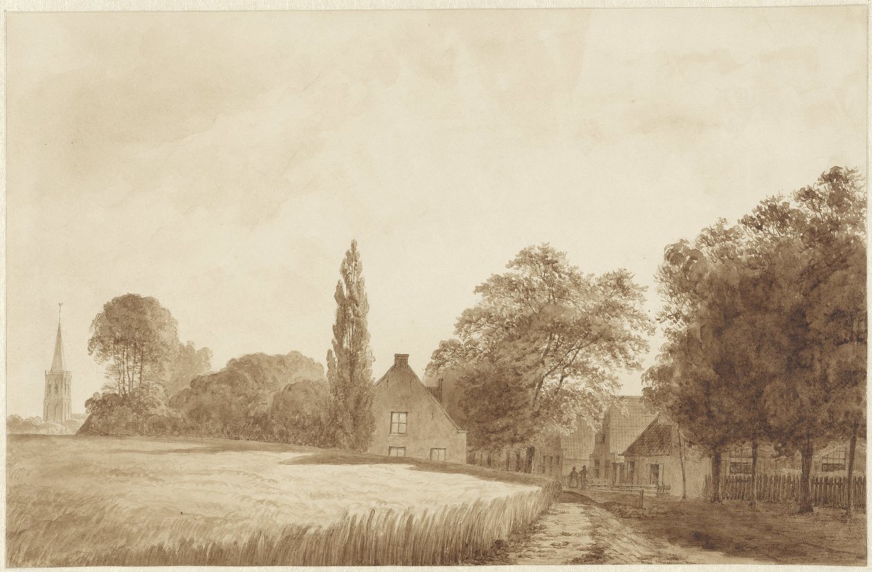 Kilátás néhány házra és egy templomtoronyra Hilversum közelében alkotó: Hendrik Abraham Klinkhamer