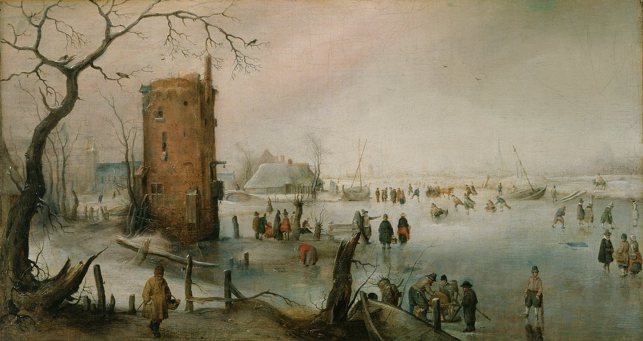 Korcsolyázás egy város közelében, 1610-20 körül (olaj, vászon) alkotó: Hendrik Avercamp