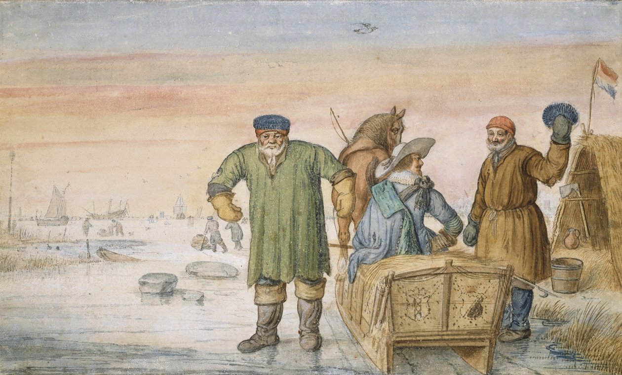 Két öregember egy szán mellett Amszterdam és Utrecht címerével, 1620-33 alkotó: Hendrik Avercamp