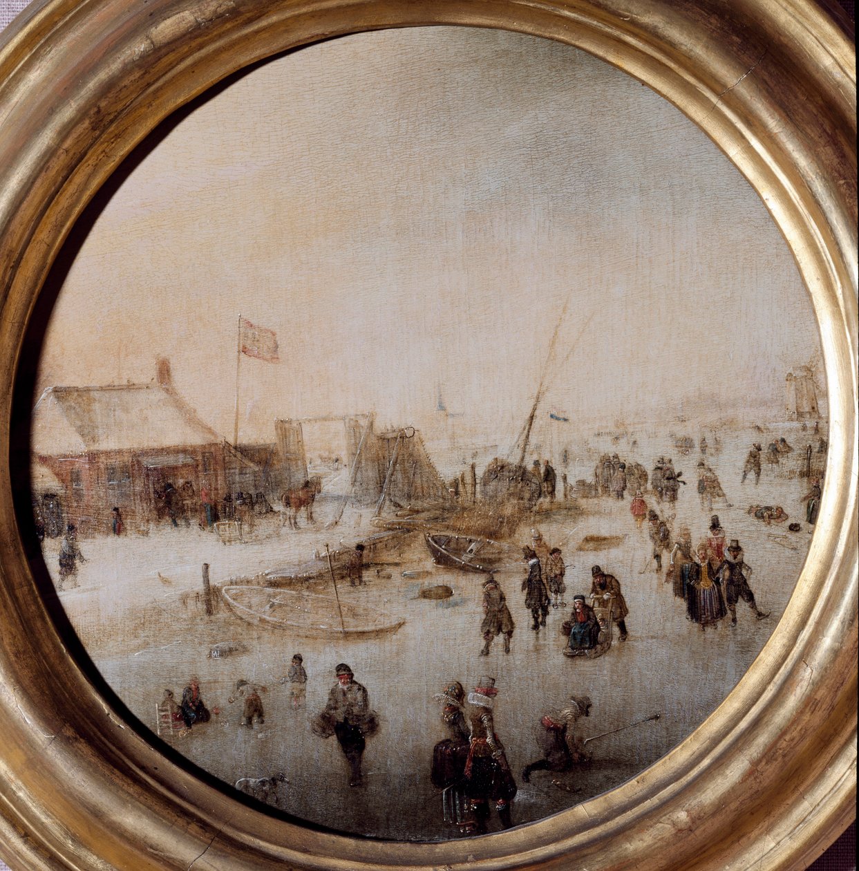 Téli táj korcsolyázókkal Hendrick Avercamp festménye (1585-1634) Átmérő 25 cm Musei di Strada Nuova (ex Palazzo Rosso) alkotó: Hendrik Avercamp