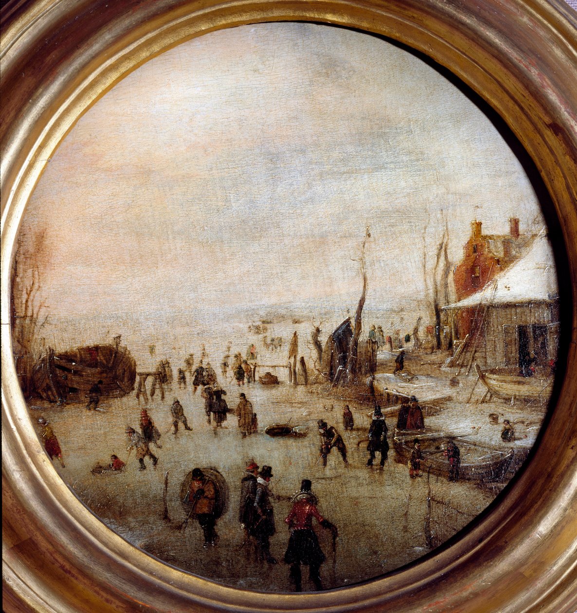 Téli táj korcsolyázókkal és jégkorongozókkal Hendrick Avercamp festménye (1585-1634) Átmérő 25 cm Musei di Strada Nuova (ex Palazzo Rosso) Gének Olaszország alkotó: Hendrik Avercamp