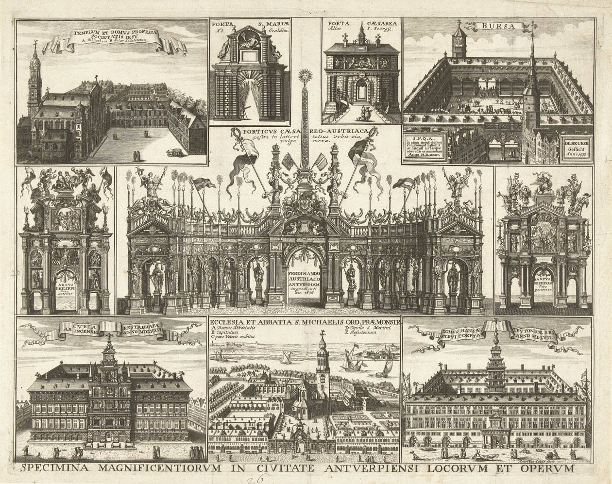 Blad met tien voorstellingen van de intocht van de Kardinaal Infant Ferdinand te Antwerpen, 1635 Specimina magnificentiorum in civitate Antverpiensi locorum et operum (title on object)   1357357   hu       hungarian Successfully Translated  Original: Cardi alkotó: Hendrik Causé