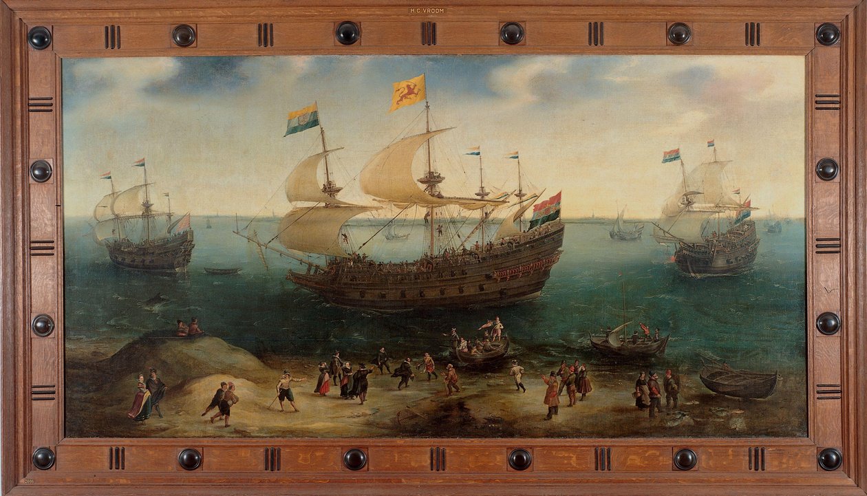 Az amszterdami négyárbocos De Hollandsche Tuyn hajó és más hajók visszatérnek Brazíliából Paulus van Heerden parancsnoksága alatt alkotó: Hendrick Cornelisz. Vroom