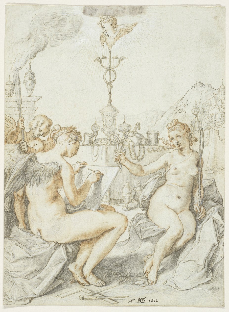 Allegória a rajzművészetről a művész emblémájával, 1612 (tinta, kréta és gouache papíron) alkotó: Hendrik Goltzius