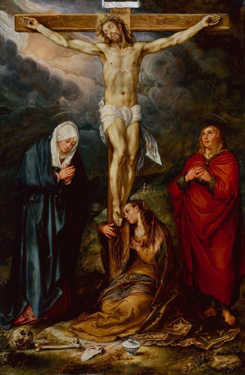 Krisztus a kereszten Máriával, Szent Jánossal és Magdolnával (olaj rézre) alkotó: Hendrik Goltzius