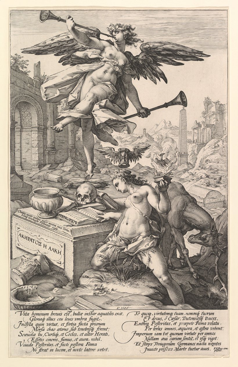 Hírnév és történelem, A római hősök sorozatból, 1586. alkotó: Hendrik Goltzius
