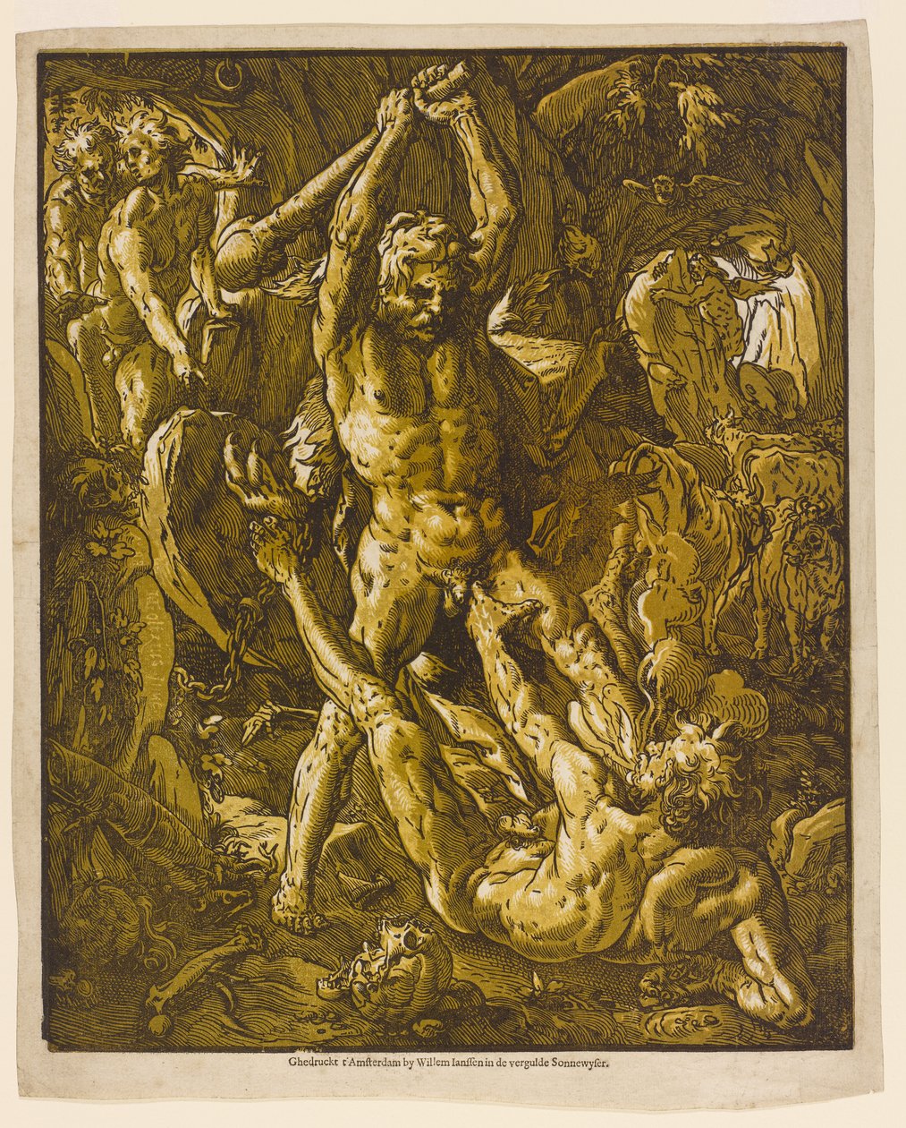 Herkules és Cacus, 1588 (chiaroscuro fametszet fektetett papírra) alkotó: Hendrik Goltzius