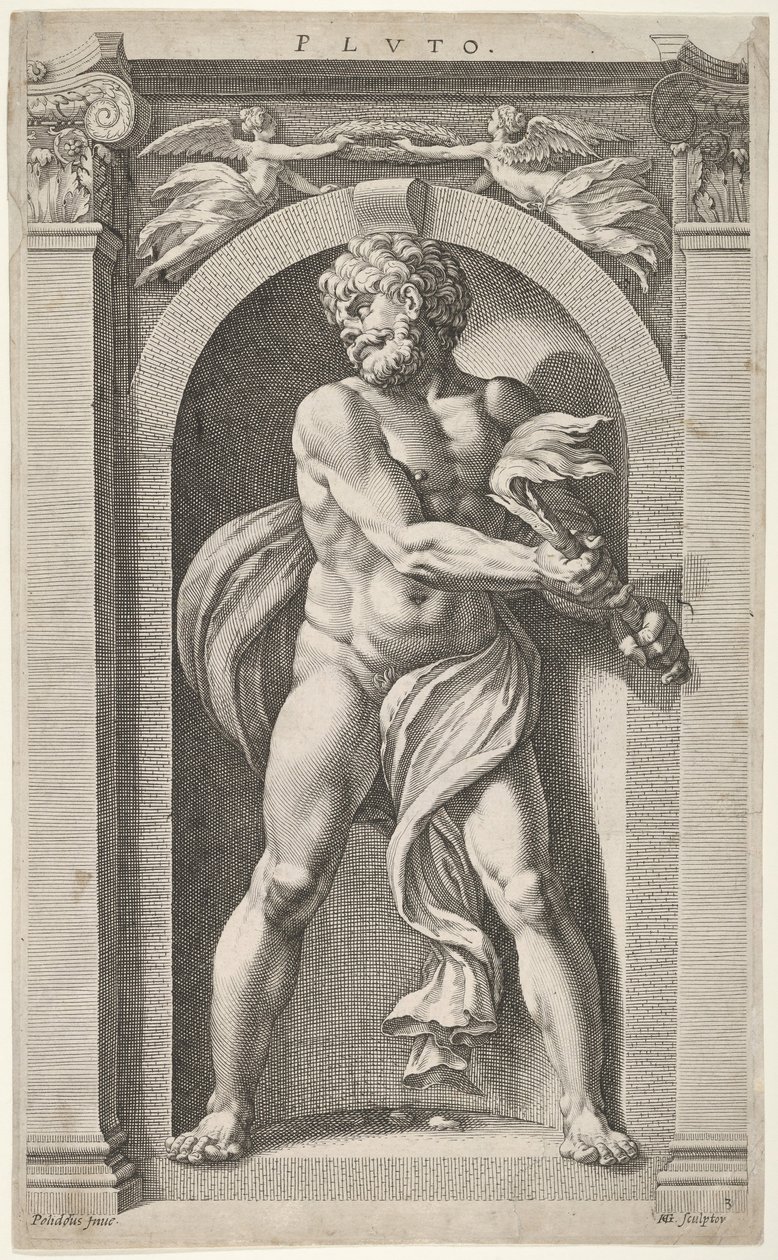 Plútó, egy alak, négy fej és egy oszlop verso vázlatain, 1592. alkotó: Hendrik Goltzius
