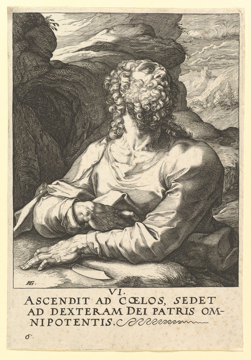 Szent Bertalan, Krisztustól, az apostoloktól és Szent Páltól a hitvallással, kb. 1589. alkotó: Hendrik Goltzius