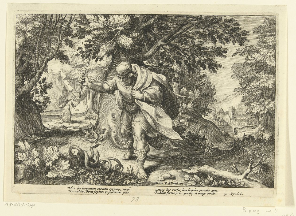 Teiresias legyőz két párosodó kígyót Ovidius Metamorphoses című művéből alkotó: Hendrik Goltzius