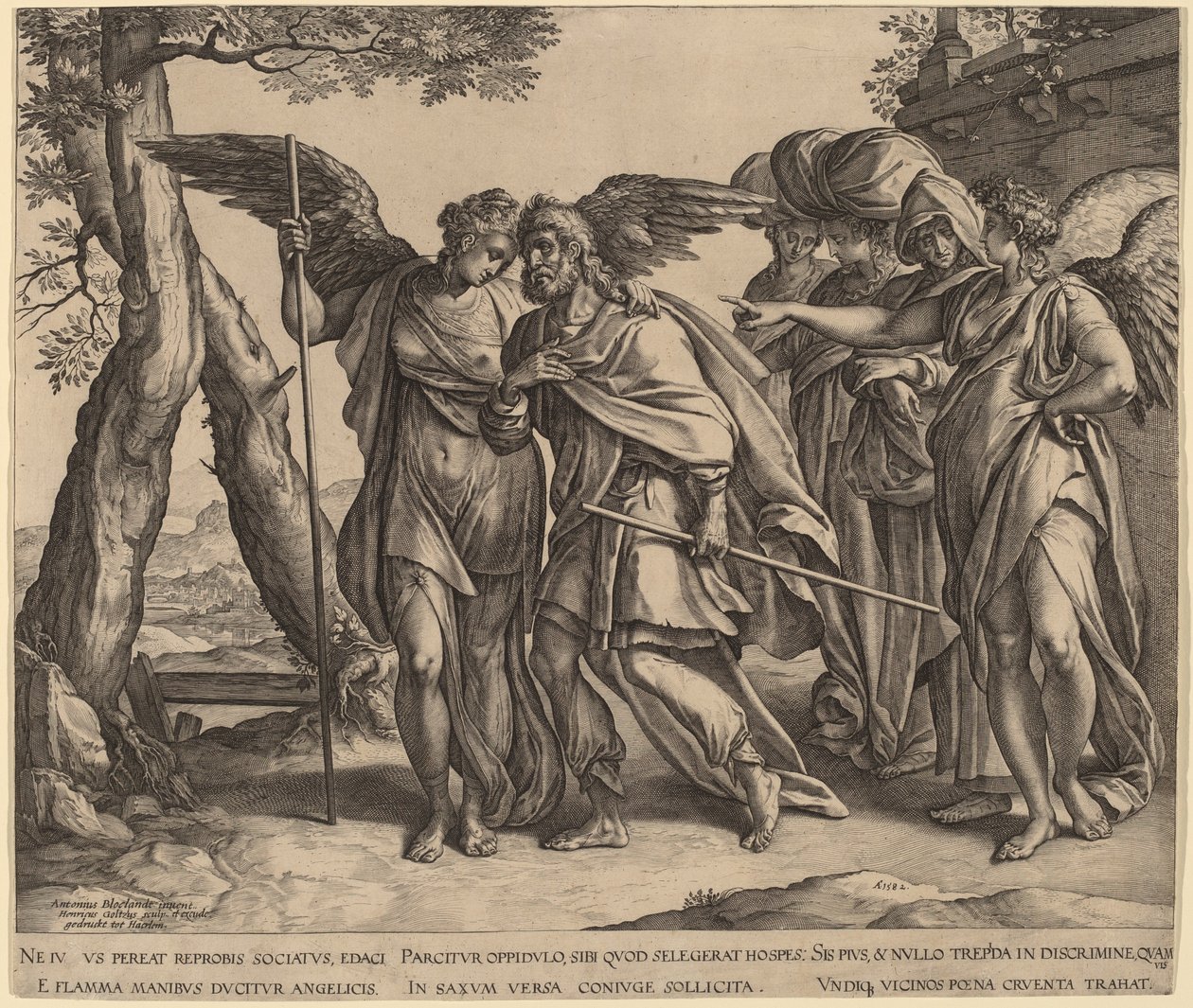 Lót és lányai elhagyják Szodomát alkotó: Hendrik Goltzius after Anthonie van Blocklandt