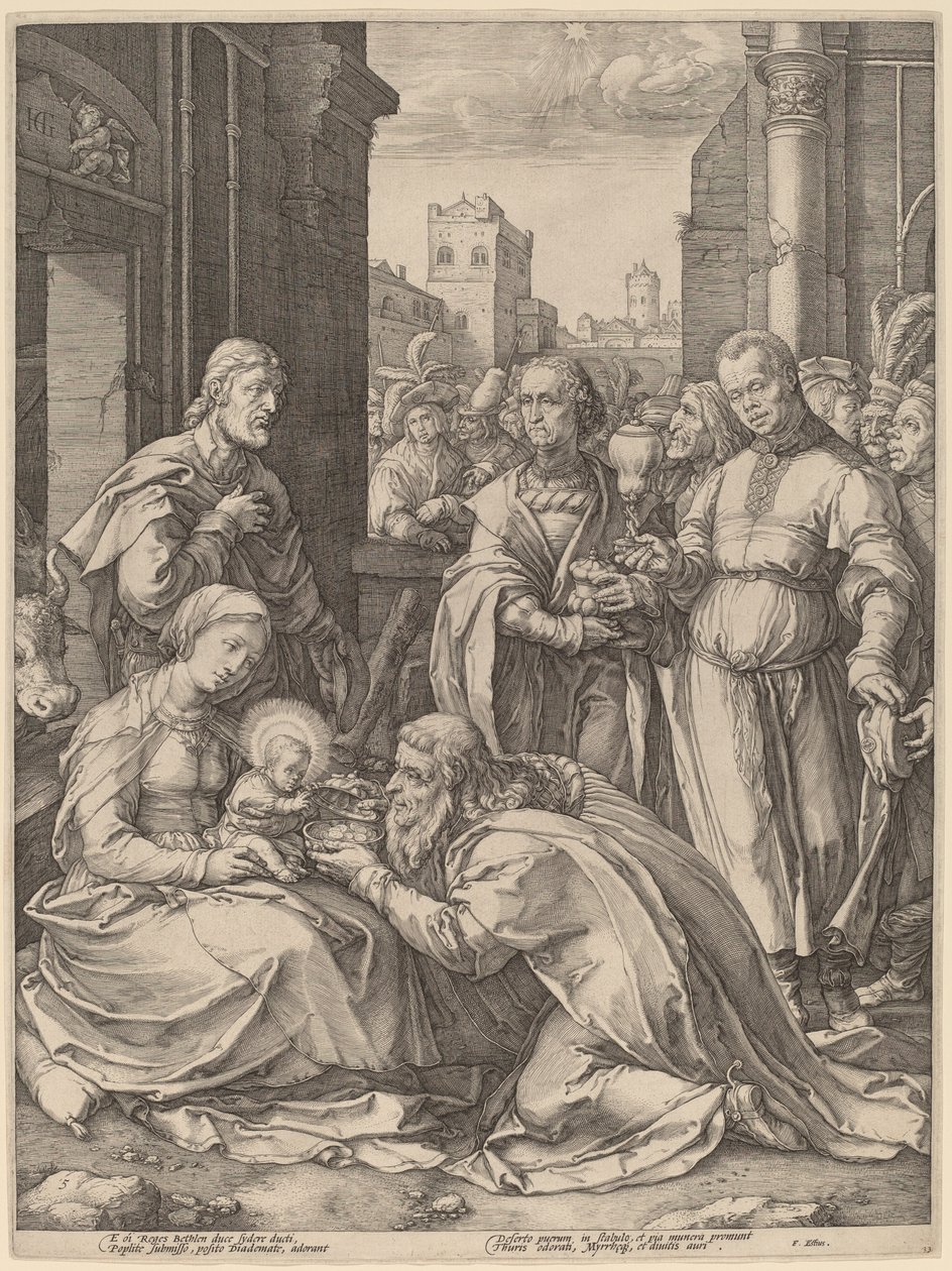 A mágusok imádása alkotó: Hendrik Goltzius in the style of Lucas van Leyden