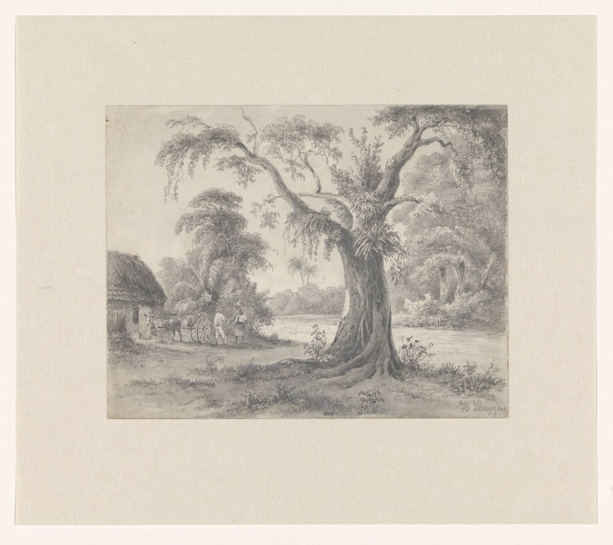 Táj egy fával és kunyhóval, lóval, hintóval és két figurával alkotó: Hendrik Huygens (signed by artist)