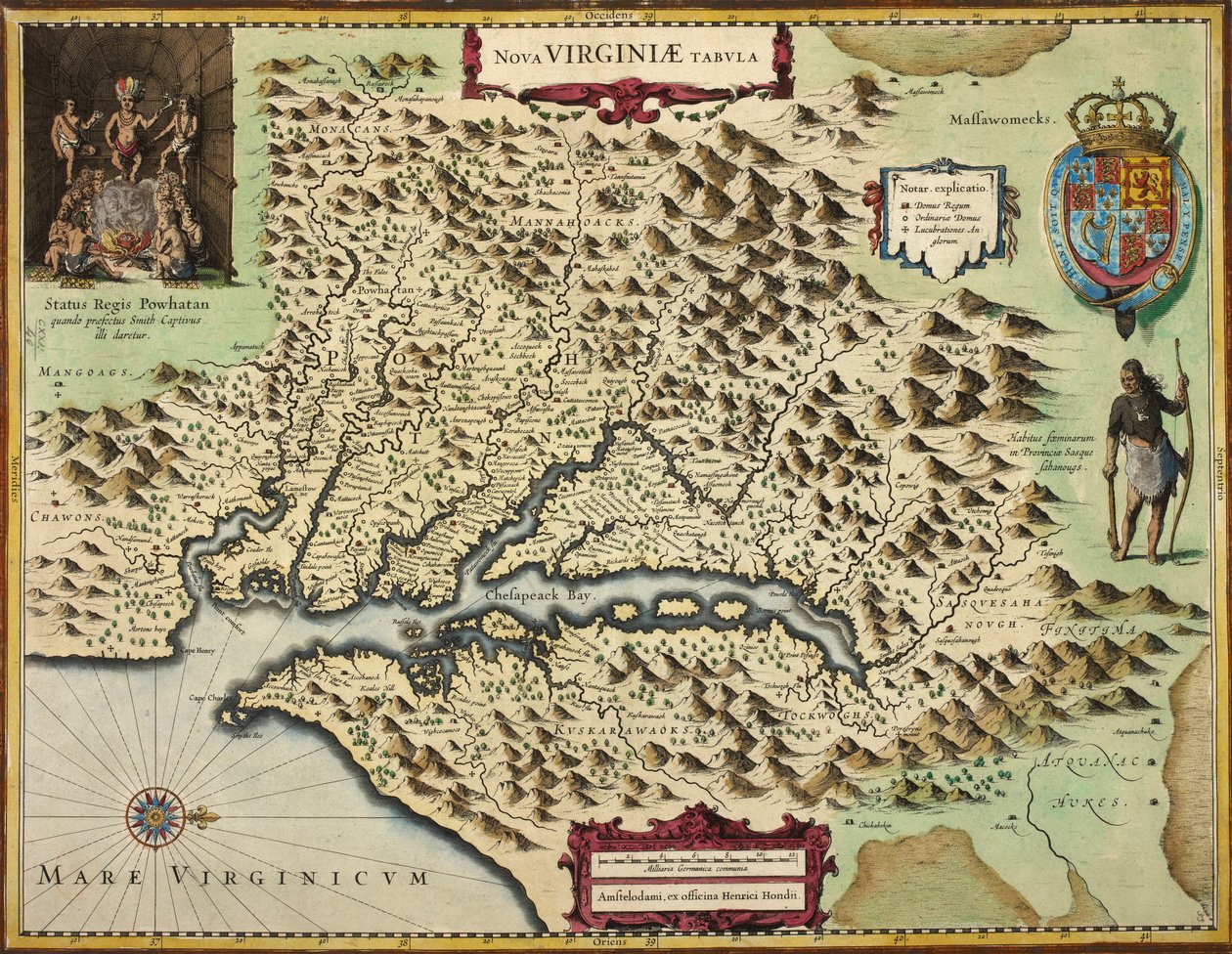 Virginia térképe (kézzel színezett metszet) alkotó: Hendrik I Hondius