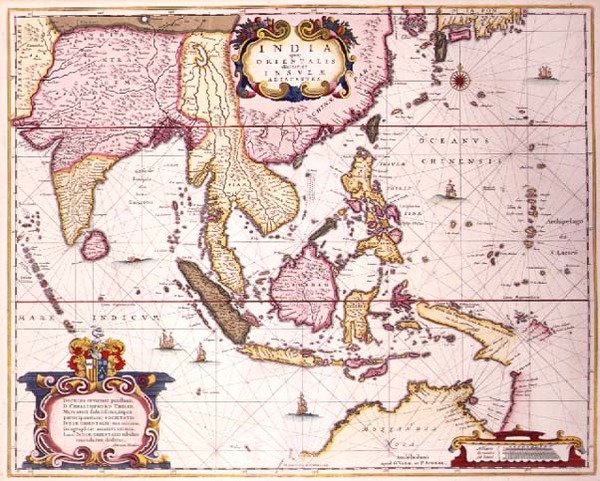 Általános térkép Indiától Dél-Japánig és Észak-Ausztráliáig az indonéz szigetvilágon és a Fülöp-szigeteken keresztül, 1700 körül (színes metszet) alkotó: Hendrik I Hondius