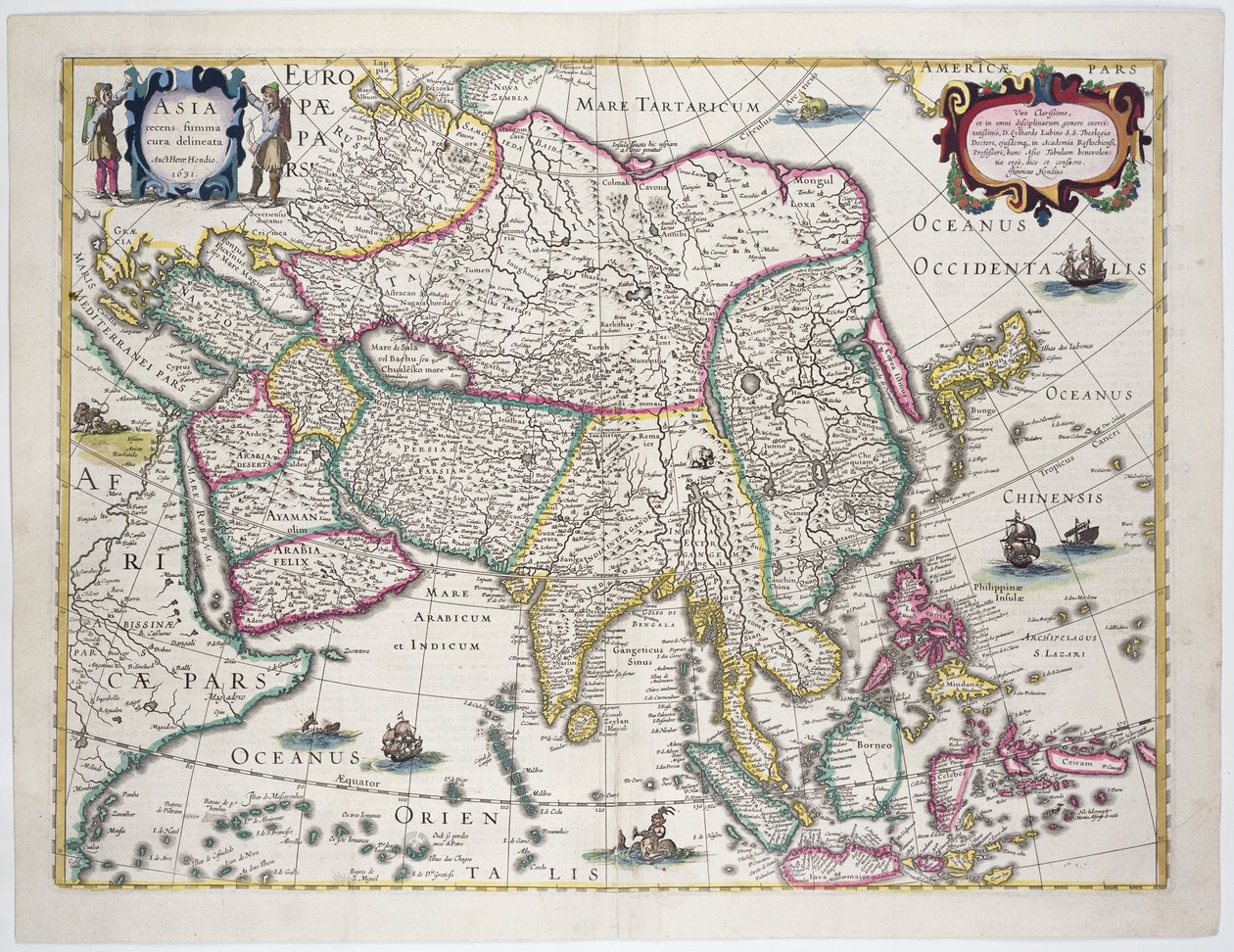 Általános térkép, amely tartalmazza Arábiát, Japánt, a Koreai-félszigetet és az indonéz szigetcsoport nagy részét, 1631 (színes metszet) alkotó: Hendrik I Hondius