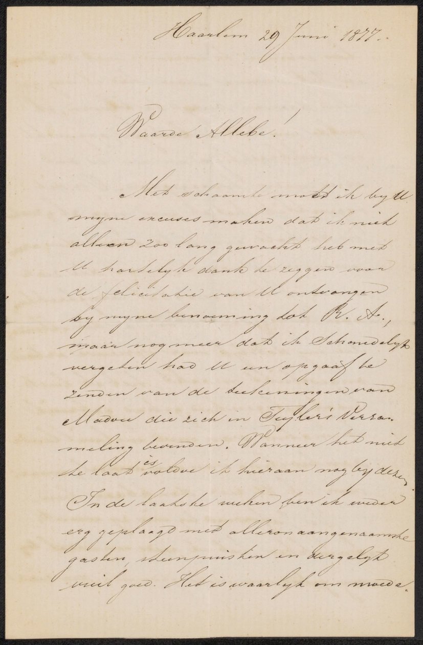 Levél August Allebének alkotó: Hendrik Jacobus Scholten
