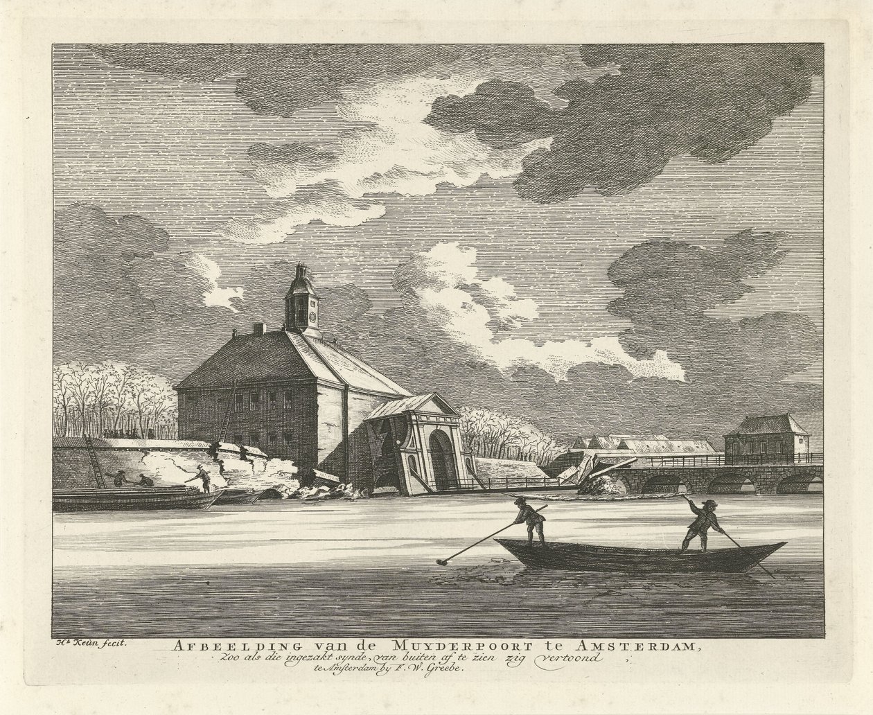 Megereszkedett Muiderpoort, a Singelgrachtból nézve, 1769 Az amszterdami Állatkert Muyderpoortjának képe, mint az összeomlott szindróm, kívülről látható, cikk-cakk (cím a tárgyon) alkotó: Hendrik Keun
