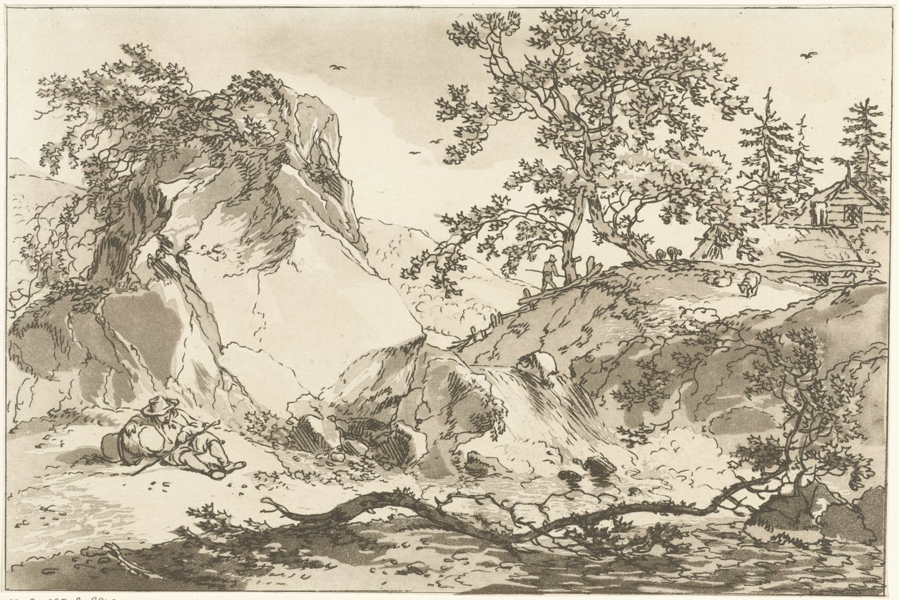 Heuvelachtig landschap met een rustende man Tizenkét terv azoknak a használatára számolva, akik tájrajzot tanulnak (sorozat címe) alkotó: Hendrik Meijer