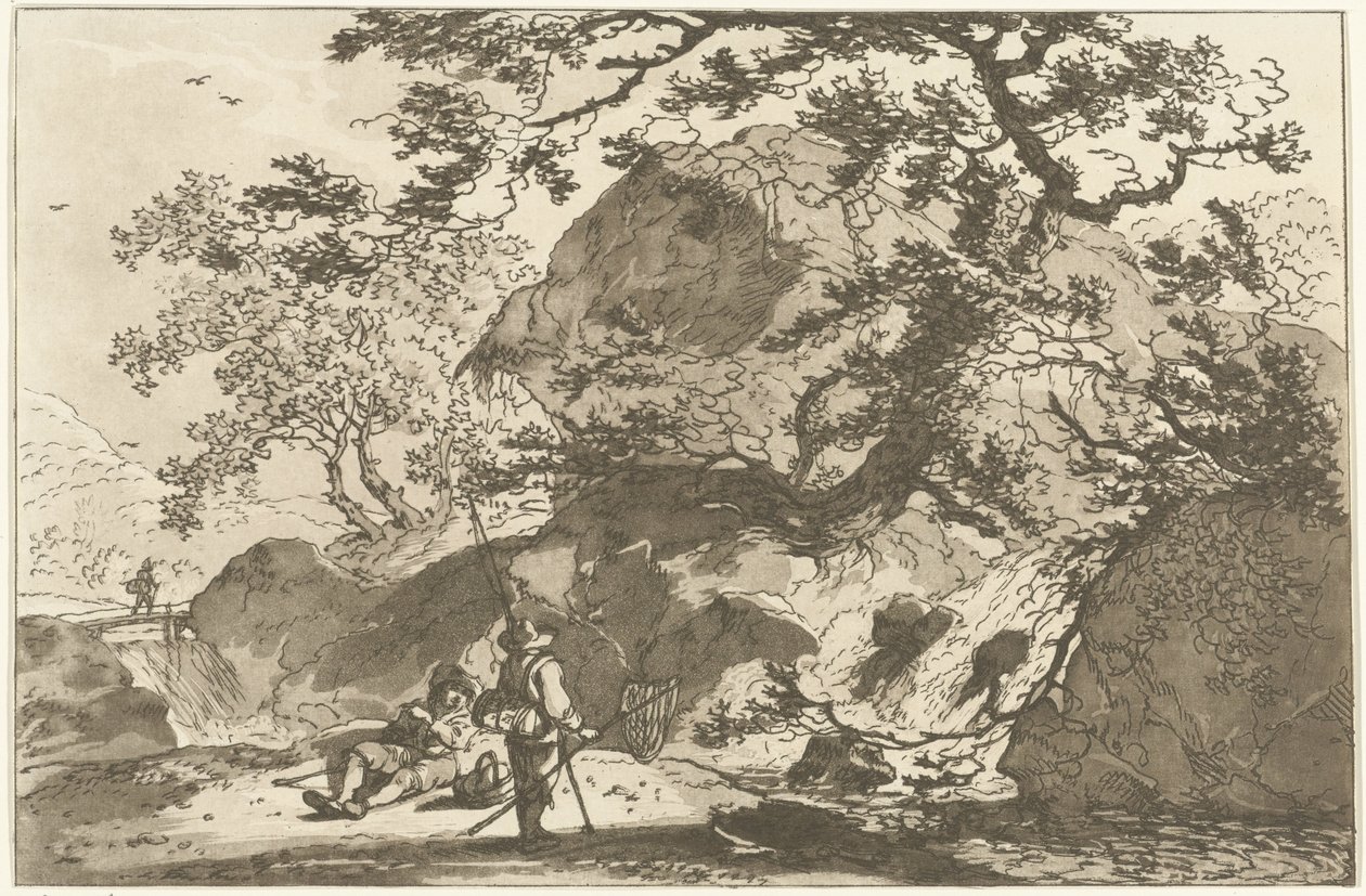 Landschap met een visser en een rustende man Tizenkét terv azoknak a használatára számolva, akik tájrajzot tanulnak (sorozat címe) alkotó: Hendrik Meijer