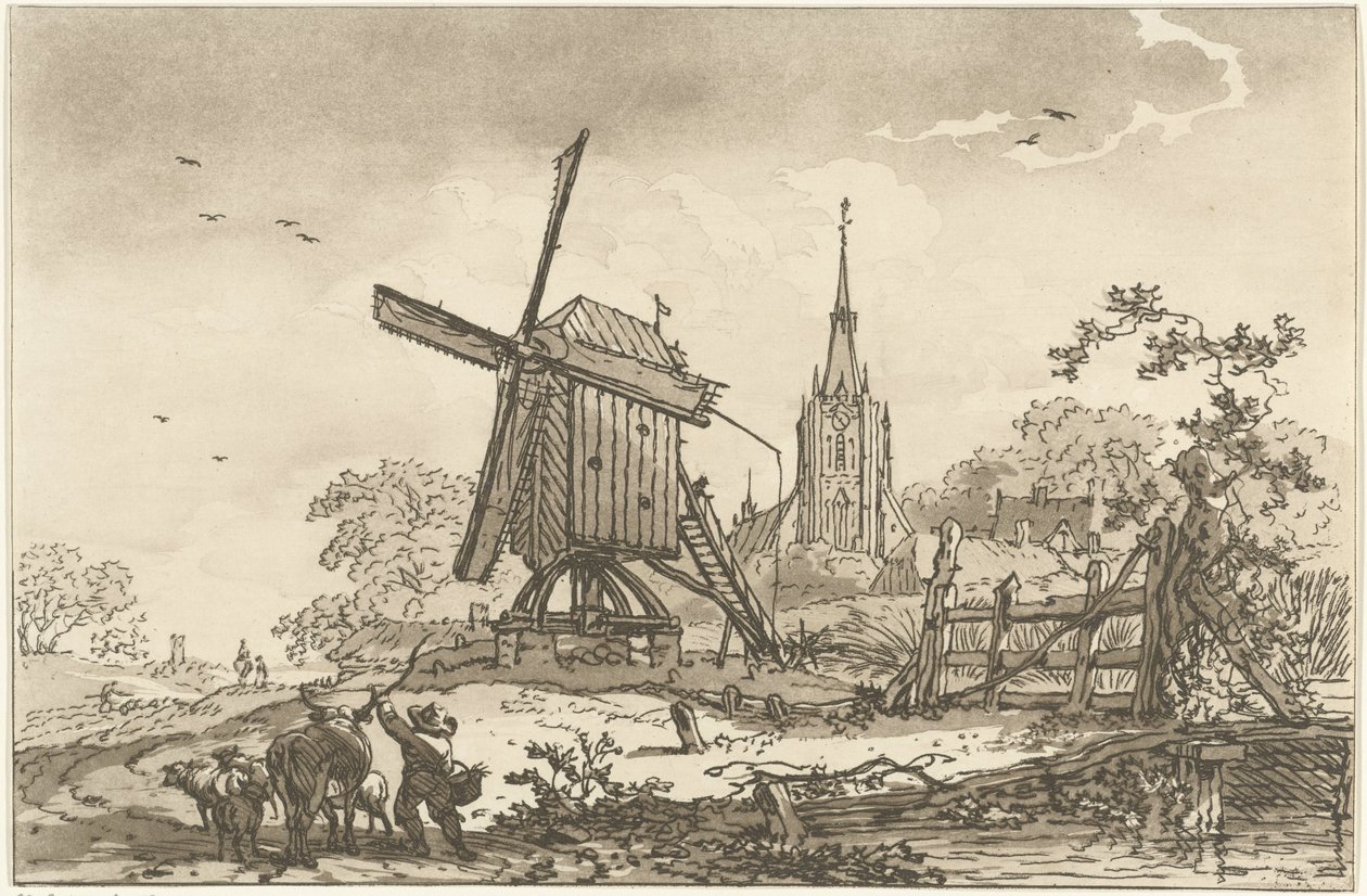 Táj szélmalommal és templommal Tizenkét terv azoknak a használatára számolva, akik tájrajzot tanulnak (sorozat címe) alkotó: Hendrik Meijer