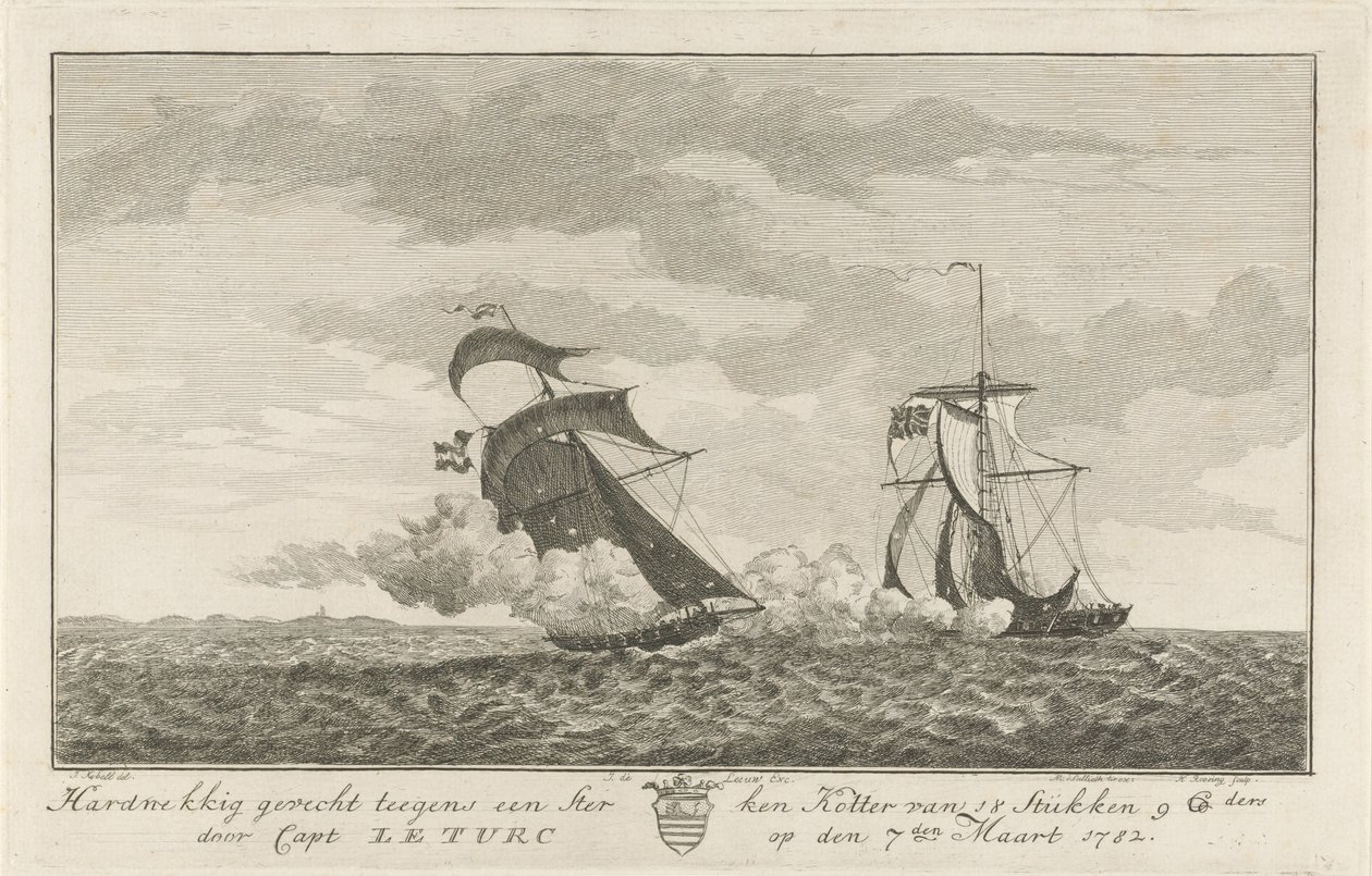 Csata egy erős vágó ellen, 1782 Heves küzdelem egy 18 darabból álló erős Kotter ellen (...) Le Turc kapitánytól 1782. március 7-én (cím a tárgyon) alkotó: Hendrik Roosing