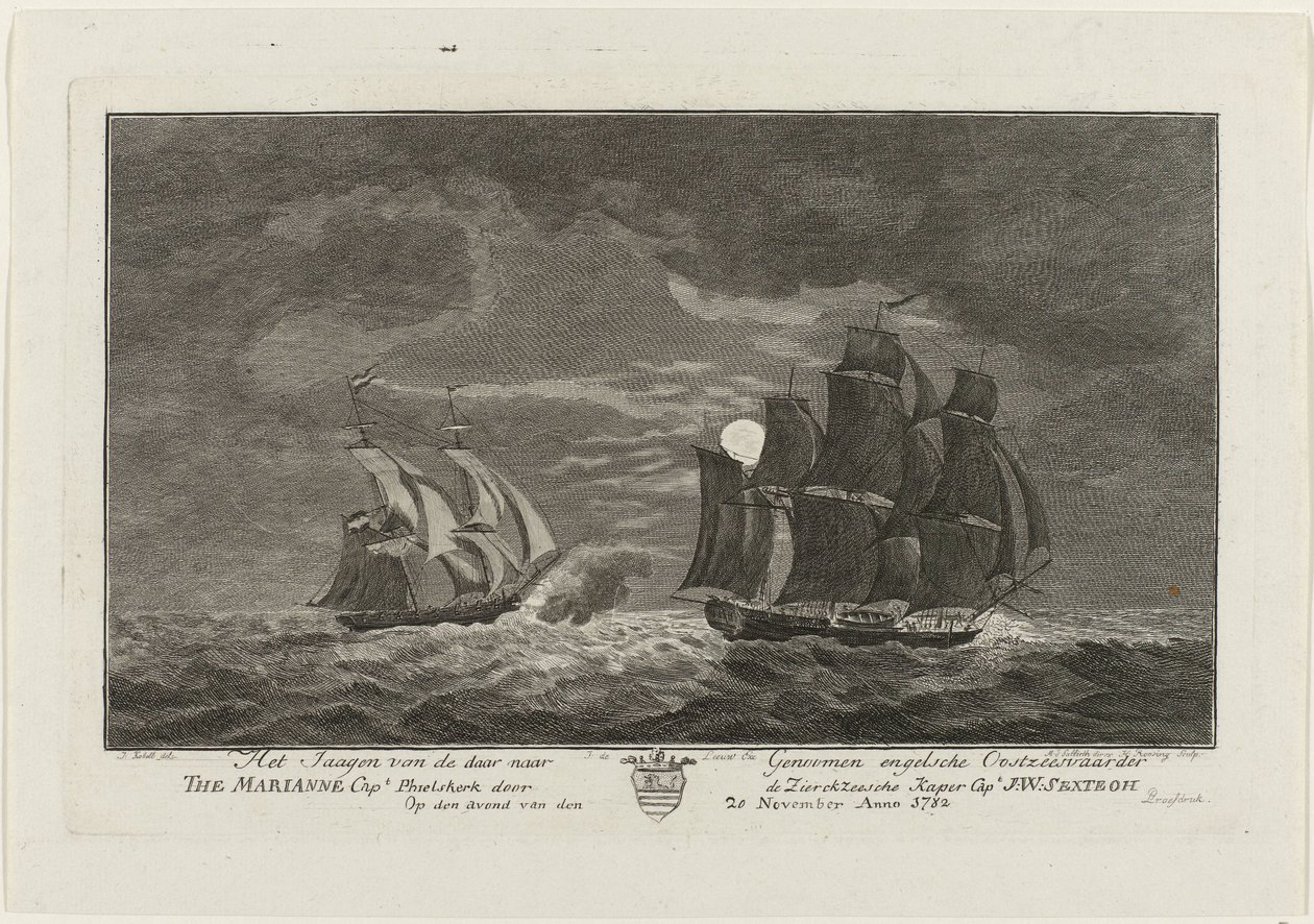 Sextroh Hunts on the Marianne, 1782 Az angol balti-tengerjáró vadászata ott a genomokhoz A Marianne kapitány. Philskerk a Zierikzeesche Kaper kapitánytól. J:W:Sextroh 1782. november 20-án este (cím az objektumon) alkotó: Hendrik Roosing