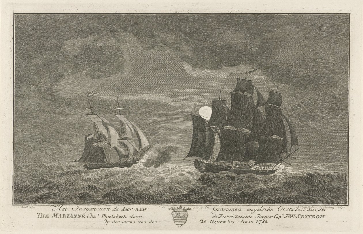 Sextroh Hunts on the Marianne, 1782 Az angol balti-tengerjáró vadászata ott a genomokhoz A Marianne kapitány. Philskerk a Zierikzeesche Kaper kapitánytól. J:W:Sextroh 1782. november 20-án este (cím az objektumon) alkotó: Hendrik Roosing