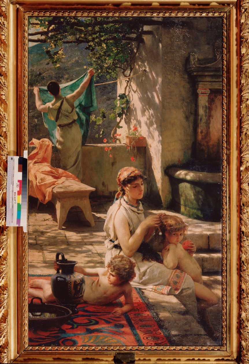 A kútnál. (Egy nő megcsinálja a gyerekének a haját, egy másik kimosi). Henryk Siemiradzki (1843-1902) festménye, olaj, vászon alkotó: Henryk Siemiradzki