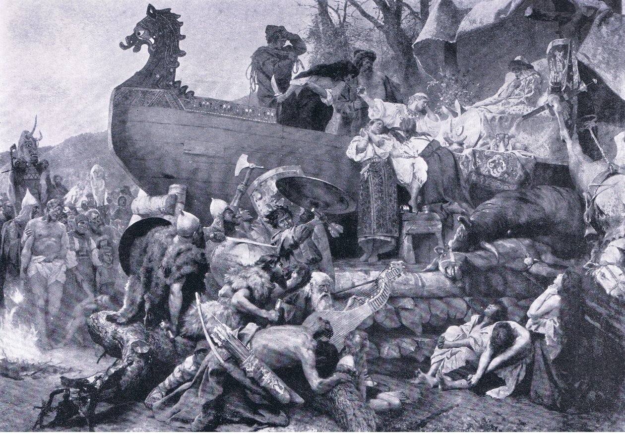 Egy főnök hamvasztása Kelet-Oroszországban – X. század, a Gresham Publishing Co által kiadott Landmarks in European History illusztrációja, 1920 körül (litho) alkotó: Henryk Siemiradzki