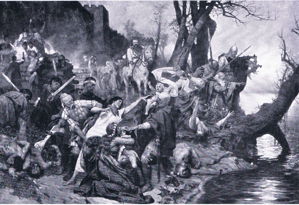 Szvjatoszláv harcosai a Dexter (Durostorum) falai alatti mészárlásnál, illusztráció a „Landmarks in European History” című könyvből, a Gresham Publishing Co., 1920 körül (litho) alkotó: Henryk Siemiradzki